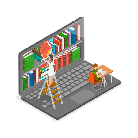 Une femme et un homme lisent à la bibliothèque électronique  Illustration