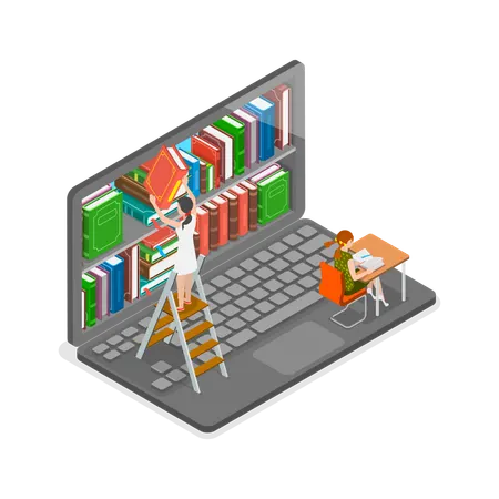 Une femme et un homme lisent à la bibliothèque électronique  Illustration