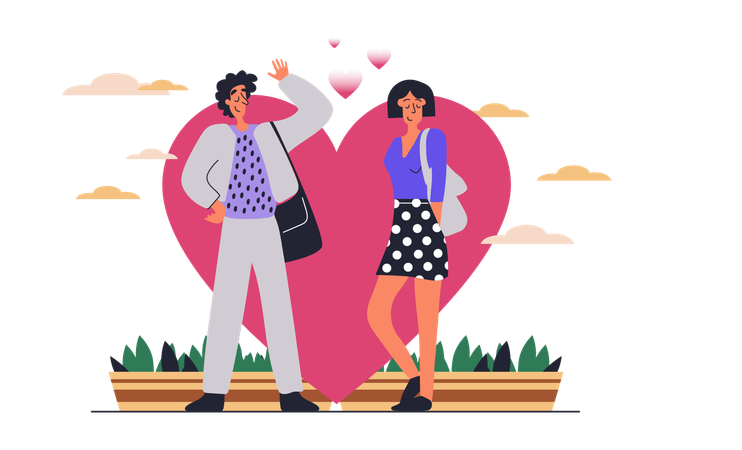 Femme et homme à un rendez-vous romantique avec le symbole du coeur flirtant et ayant un match  Illustration