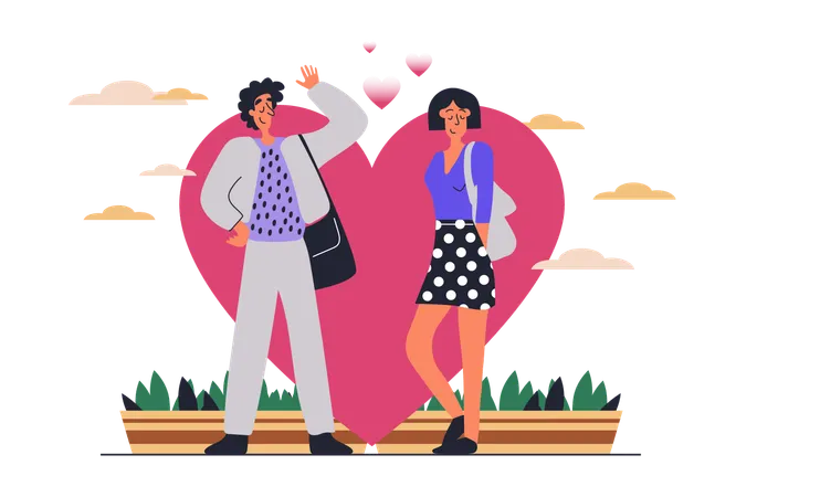 Femme et homme à un rendez-vous romantique avec le symbole du coeur flirtant et ayant un match  Illustration