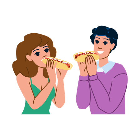 Femme et homme mangeant un hot-dog  Illustration