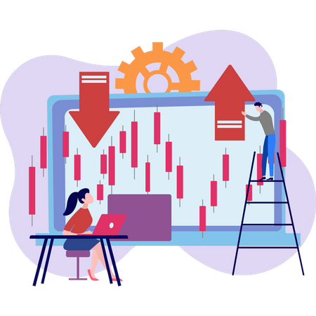 Femme et homme qui travaillent faisant une analyse commerciale  Illustration