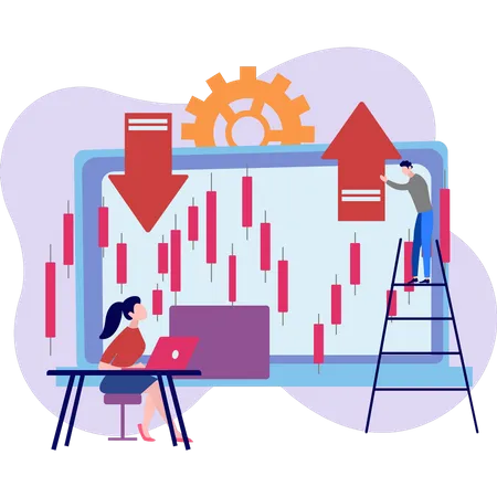 Femme et homme qui travaillent faisant une analyse commerciale  Illustration