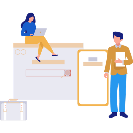 Femme et homme travaillant sur des documents de travail  Illustration