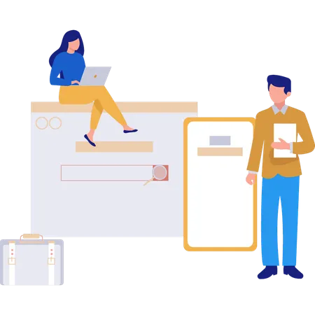 Femme et homme travaillant sur des documents de travail  Illustration