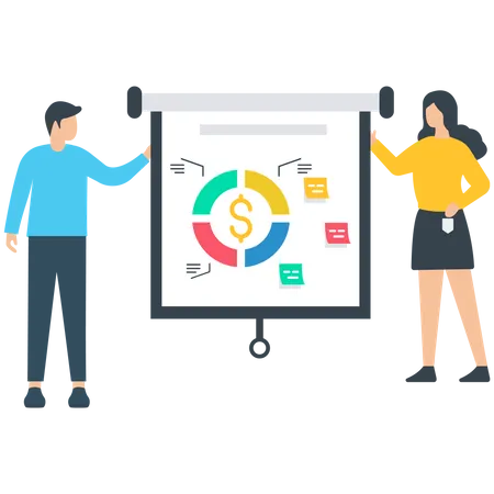 Femme et homme travaillant sur les statistiques financières  Illustration