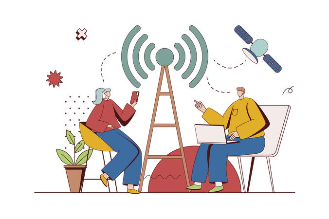 Femme et homme utilisant un point d'accès Wi-Fi pour accéder à Internet depuis un smartphone  Illustration