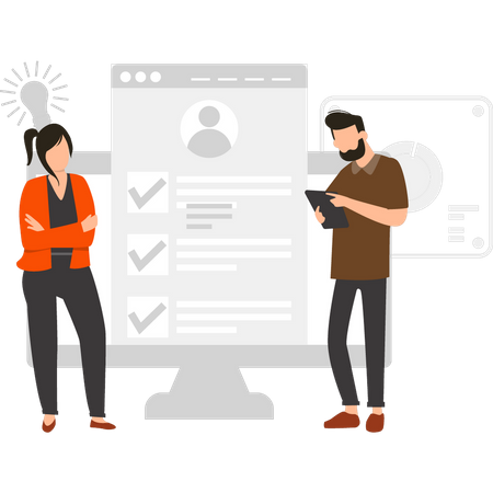 Femme et homme vérifiant le profil utilisateur  Illustration