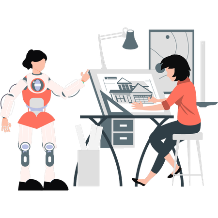 Une femme et un robot travaillent sur un immeuble  Illustration