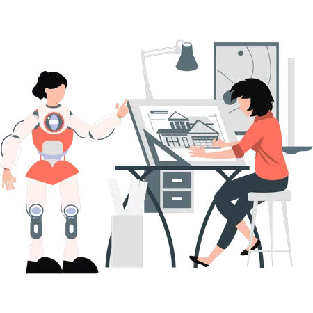 Une femme et un robot travaillent sur un immeuble  Illustration