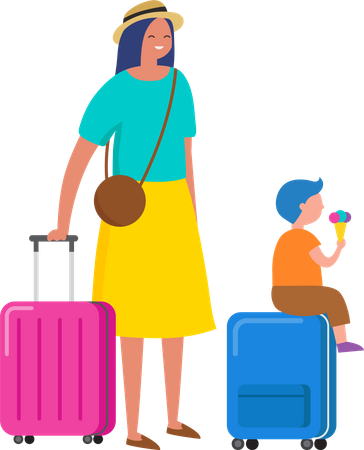 Femme et son enfant partant en vacances  Illustration