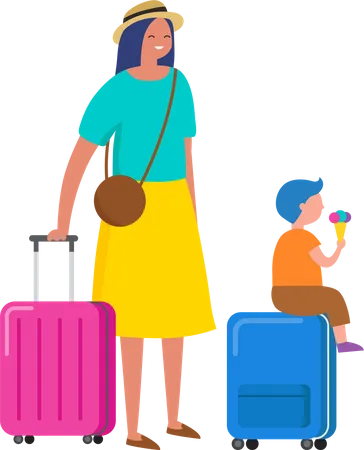 Femme et son enfant partant en vacances  Illustration