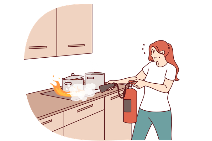 Une femme éteint le feu dans la cuisine avec un extincteur et panique de peur que la combustion ne se propage  Illustration