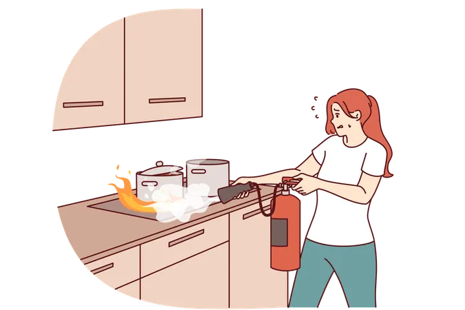 Une femme éteint le feu dans la cuisine avec un extincteur et panique de peur que la combustion ne se propage  Illustration