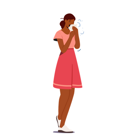 Femme éternuant avec nez qui coule  Illustration