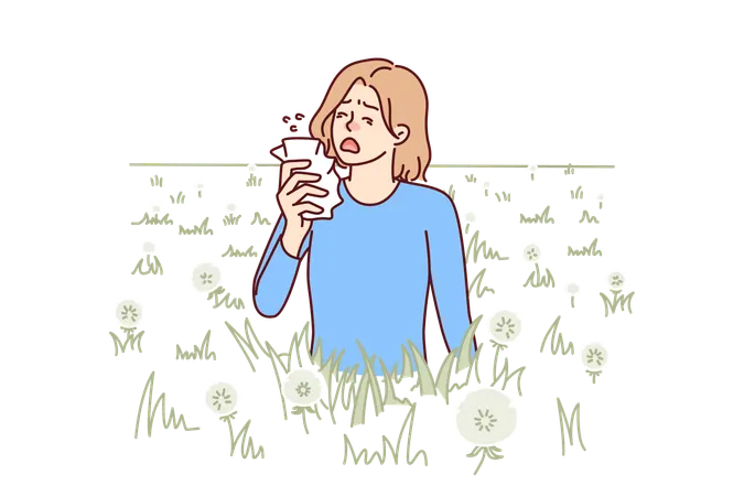 Une femme éternue à cause d'une allergie causée par les fleurs de pissenlit et le pollen des plantes d'été  Illustration