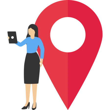 Femme étudiant sur une épingle de carte et utilisant des smartphones  Illustration