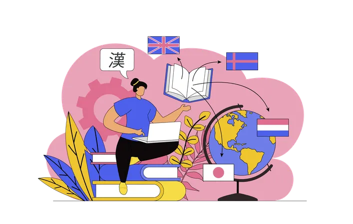 Une femme étudie en ligne et apprend des langues étrangères  Illustration