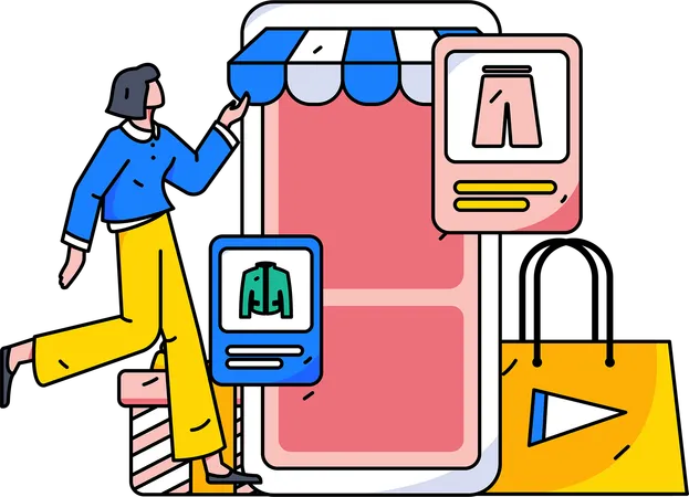 Une femme examine des vêtements en ligne sur un site Web  Illustration