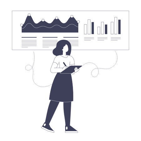 Une femme examine les statistiques et analyse les données sur un graphique et un tableau  Illustration