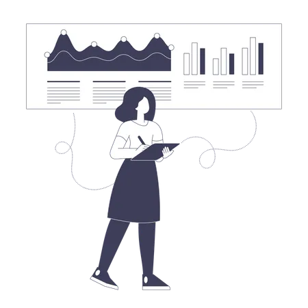 Une femme examine les statistiques et analyse les données sur un graphique et un tableau  Illustration