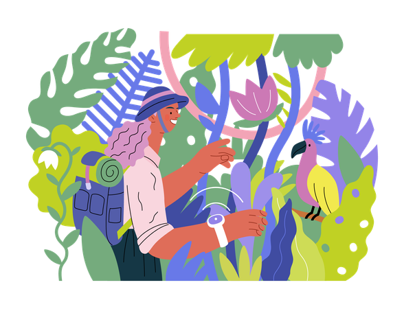 Femme explorant la jungle et les oiseaux sauvages dans l'arbre  Illustration