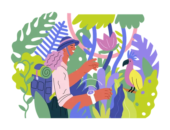 Femme explorant la jungle et les oiseaux sauvages dans l'arbre  Illustration