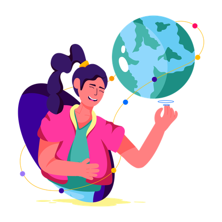 Femme explorant les connexions mondiales à l’aide de l’IA  Illustration