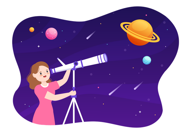 Femme explorant l'espace à travers un télescope  Illustration