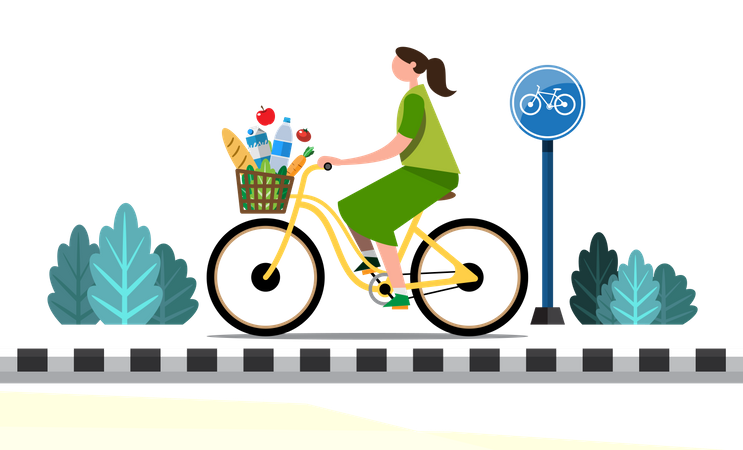 Femme faisant des courses pour l'épicerie en faisant du vélo  Illustration