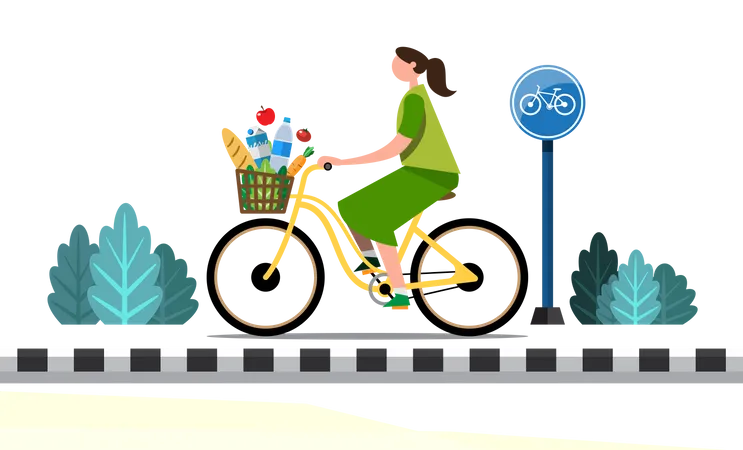 Femme faisant des courses pour l'épicerie en faisant du vélo  Illustration