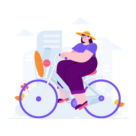 Femme faisant des courses pour l'épicerie en faisant du vélo  Illustration