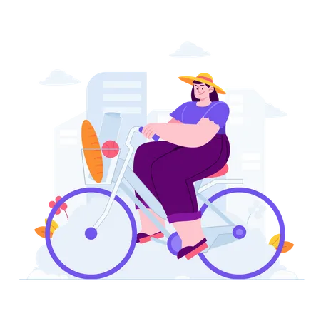 Femme faisant des courses pour l'épicerie en faisant du vélo  Illustration