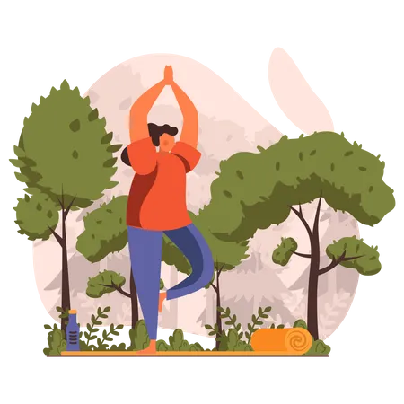 Femme faisant une pose de yoga dans les arbres à l'extérieur  Illustration