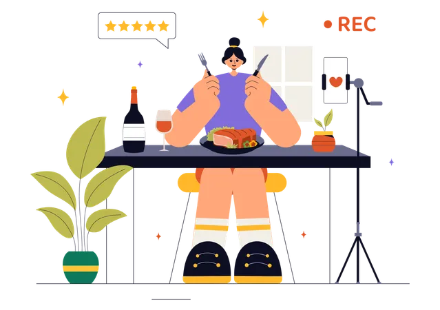 Une femme réalise une vidéo de blog culinaire  Illustration