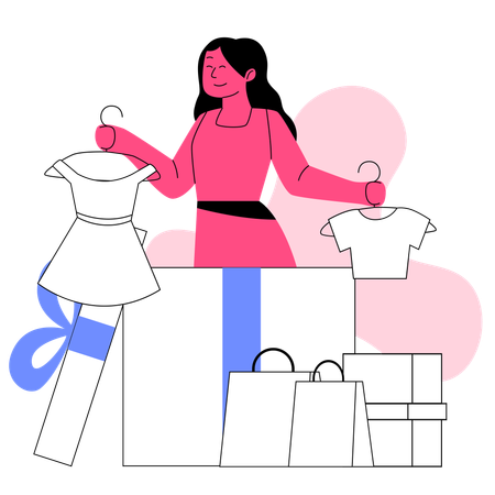 Femme faisant des achats de cadeaux et déballant des produits  Illustration