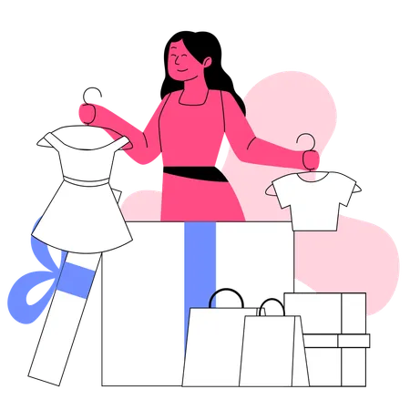 Femme faisant des achats de cadeaux et déballant des produits  Illustration