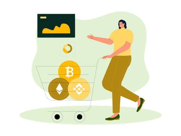 Femme faisant des achats de crypto-monnaie  Illustration