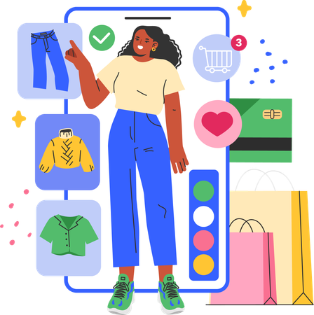 Femme faisant des achats de vêtements en ligne  Illustration