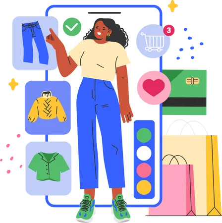 Femme faisant des achats de vêtements en ligne  Illustration