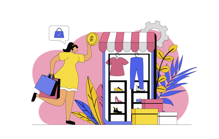 Femme faisant des achats en ligne avec son téléphone portable  Illustration