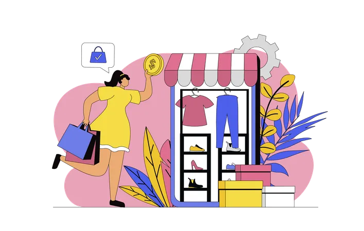 Femme faisant des achats en ligne avec son téléphone portable  Illustration