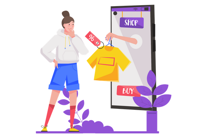 Femme faisant des achats en ligne dans une application mobile  Illustration