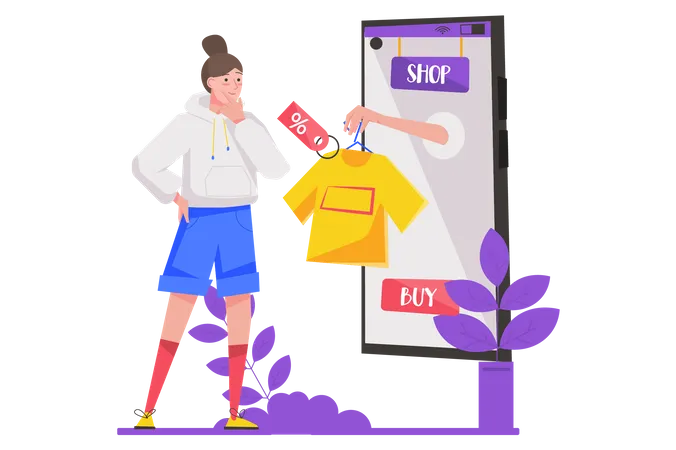 Femme faisant des achats en ligne dans une application mobile  Illustration