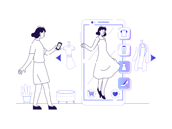 Femme faisant des achats en ligne à l'aide de la technologie virtuelle  Illustration