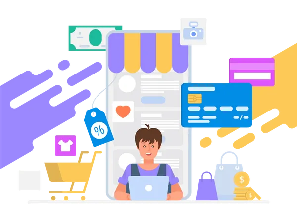 Femme faisant des achats en ligne en utilisant le paiement par carte  Illustration