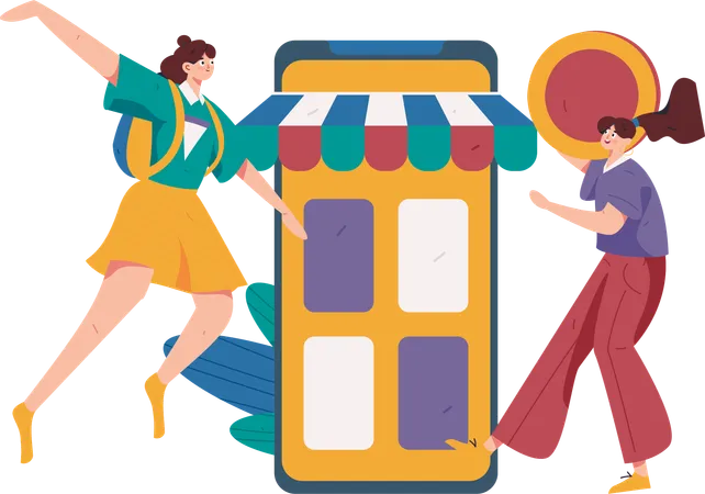 Femme faisant des achats en ligne sur l'application  Illustration