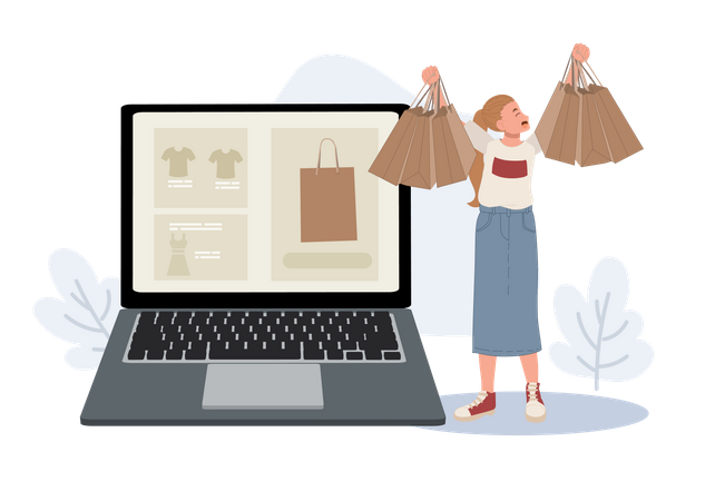 Femme faisant des achats en ligne via un ordinateur portable  Illustration