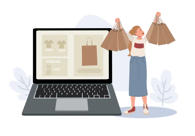 Femme faisant des achats en ligne via un ordinateur portable  Illustration