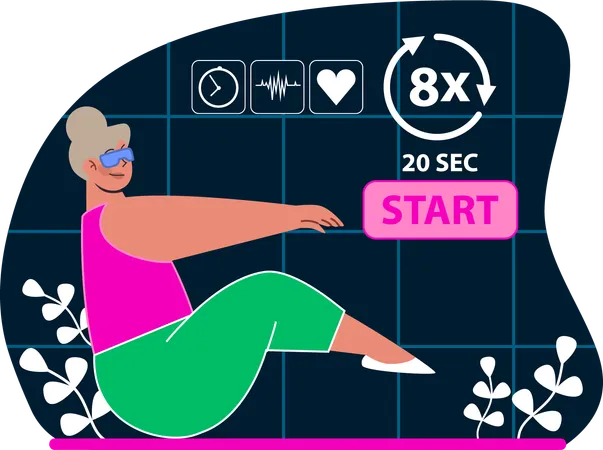 Une femme fait de l'exercice en réalité virtuelle avec des lunettes de réalité virtuelle  Illustration